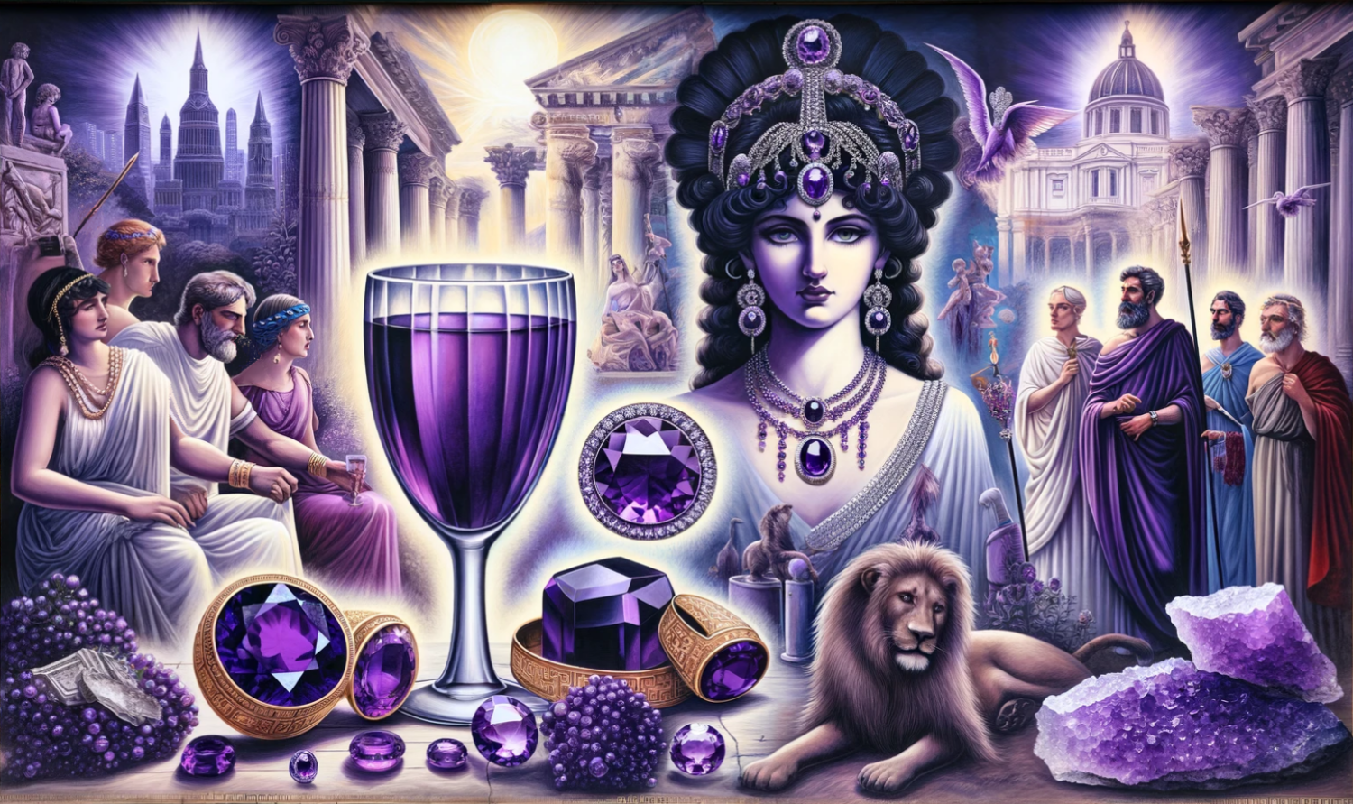 A banner-sized mural depicting the historical uses of amethyst stones. On the left, ancient Greek scenes with individuals wearing amethyst jewelry, and wine goblets made of amethyst to signify protection from drunkenness. In the center, Roman matrons wearing amethyst necklaces to symbolize fidelity, and an elegant portrayal of Cleopatra adorned with amethyst as a symbol of enlightenment and love. On the right, Christian bishops with amethyst rings representing piety and celibacy, and a depiction of the stone in the British Crown Jewels, emphasizing its royal and powerful connotations. The background transitions into the Middle Ages, showing the stone as a symbol of humility, with figures using it as protection against psychic attacks and as a healing talisman against disease and infection. The color palette emphasizes the deep purple hues of amethyst throughout the mural.