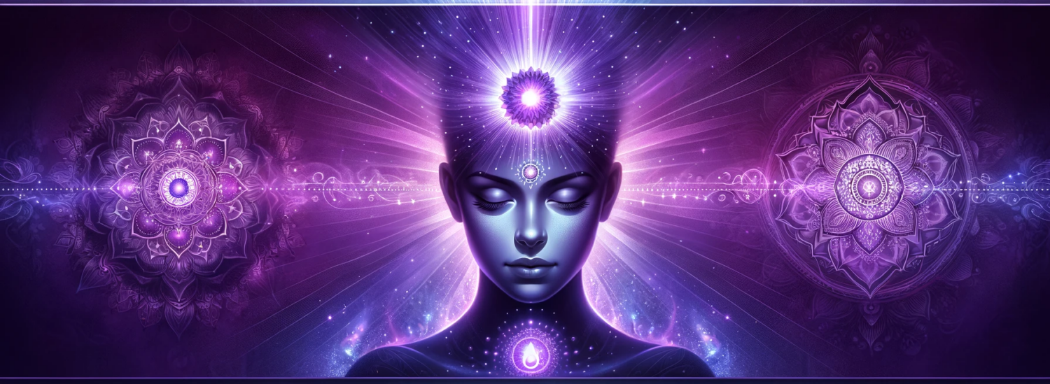 A banner-sized image focusing on the crown and third eye chakras, with an overall purple theme. The crown chakra, located at the top of the head, is depicted with radiant, violet light emanating from it, symbolizing spiritual connection and enlightenment. Just below, the third eye chakra, positioned at the forehead, glows with an indigo hue, representing intuition and mental clarity. The background is a gradient of deep purples and indigos, creating a mystical and serene ambiance. Ethereal patterns and symbols related to these chakras are subtly integrated into the background, enhancing the spiritual and meditative feel of the image. The composition balances the two chakras in a harmonious and visually appealing manner, highlighting their importance in spiritual practices.