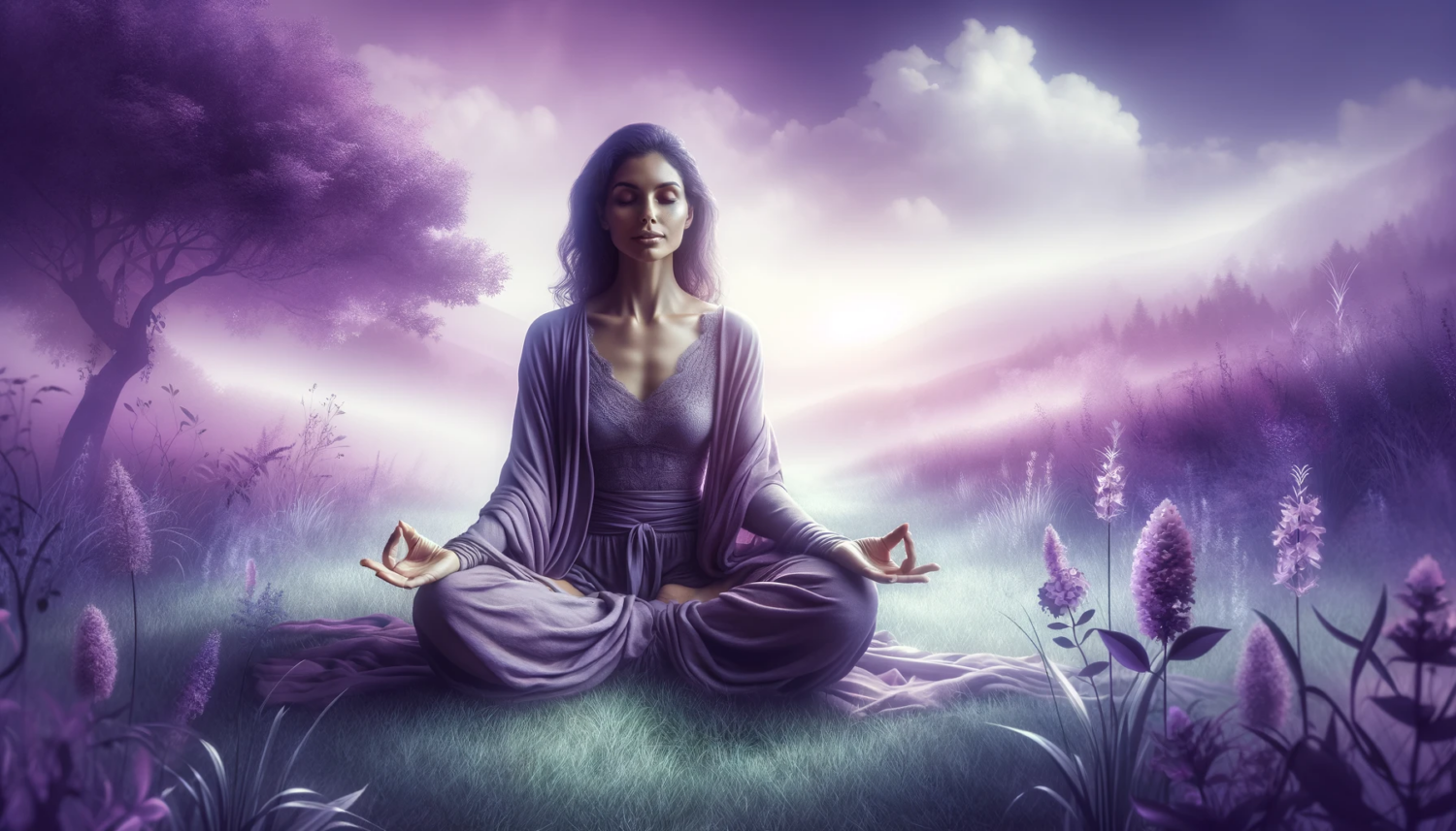 A banner-sized image of a woman meditating in a serene setting with a predominantly purple theme. The woman, of Middle-Eastern descent, is seated in a classic meditation pose on a lush, grassy meadow. Around her, the landscape transitions into a dreamy, purple-hued ambiance, symbolizing tranquility and spiritual depth. Soft, mystical light filters through, casting gentle shadows and highlighting her peaceful expression. She is dressed in comfortable, flowing garments that have shades of purple, complementing the overall theme. In the background, delicate purple flowers and ethereal, wispy clouds add to the serene and meditative atmosphere of the scene.
