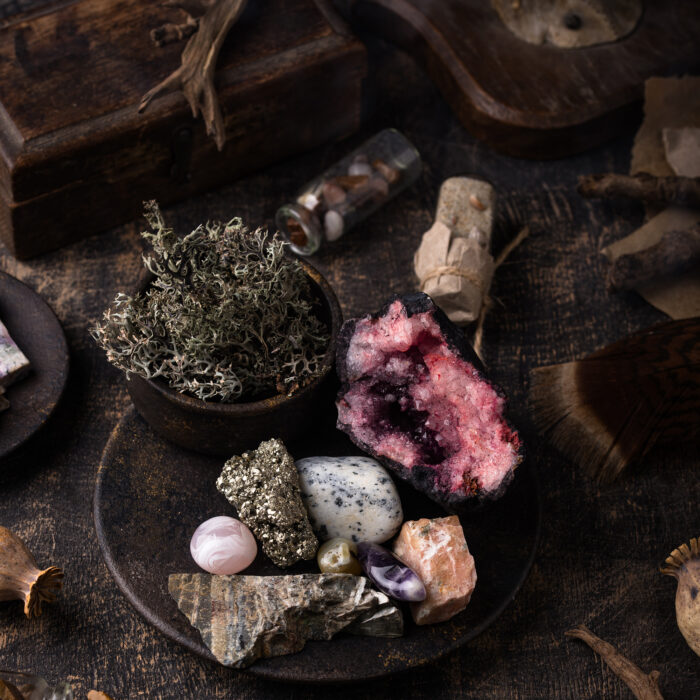 Esoteric magical background with crystal. Mystical witch atmosphere