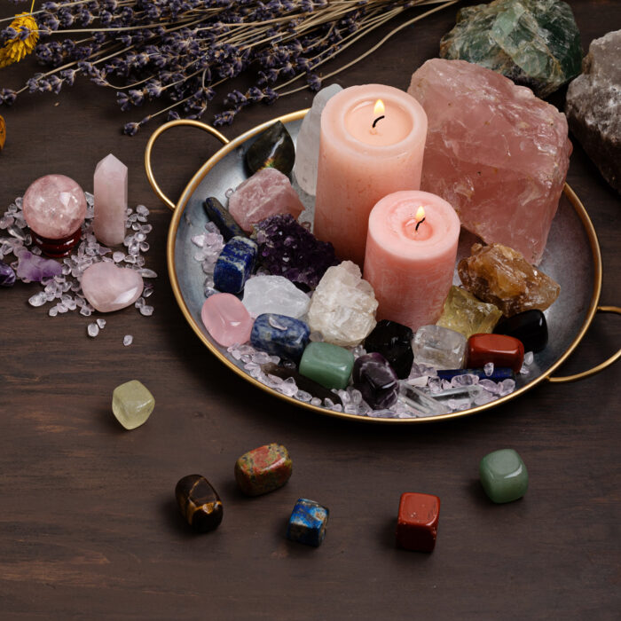 Healing reiki chakra crystals therapy. Rituals with gemstones and aromatherapy for wellbeing, meditation, destress, relaxation, mental health, spiritual practices. Energetical power concept