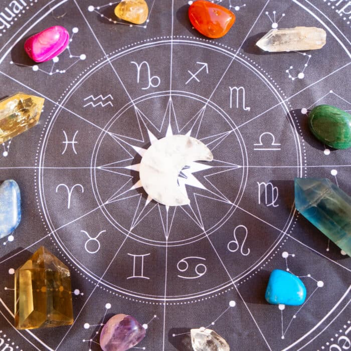 Gemstones for zodiac signes circle, minerals over life flower chart. Magic healing Rock for Reiki Crystal Ritual, Witchcraft, spiritual esoteric practice