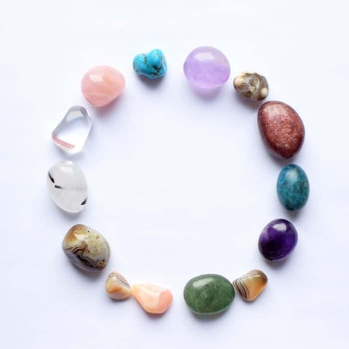 The circle is lined with natural minerals. Semi-precious stones