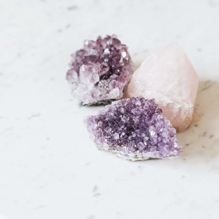 Various Gemstones Including Amethyst and Rose Quartz Barite Crystal Combinations