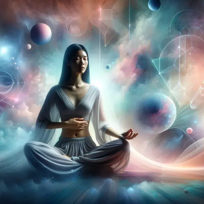 A banner featuring a woman meditating in a metaphysical, surreal environment. She is sitting cross-legged with her hands gently placed on her lower stomach. The environment around her is a blend of ethereal colors and abstract forms, giving a sense of tranquility and otherworldliness. The background is filled with soft, glowing light and floating geometric shapes. The woman is of Asian descent with long black hair, wearing loose, comfortable clothing that flows gracefully around her. The overall feel of the image is serene and mystical.