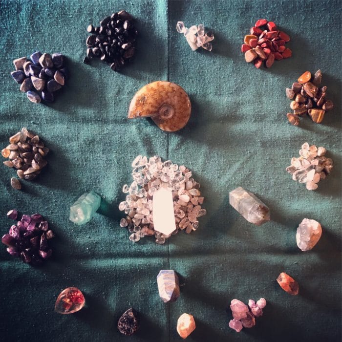various crystals and quartz arranged in a circle