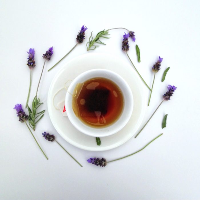 lavender tea on a white tea cup