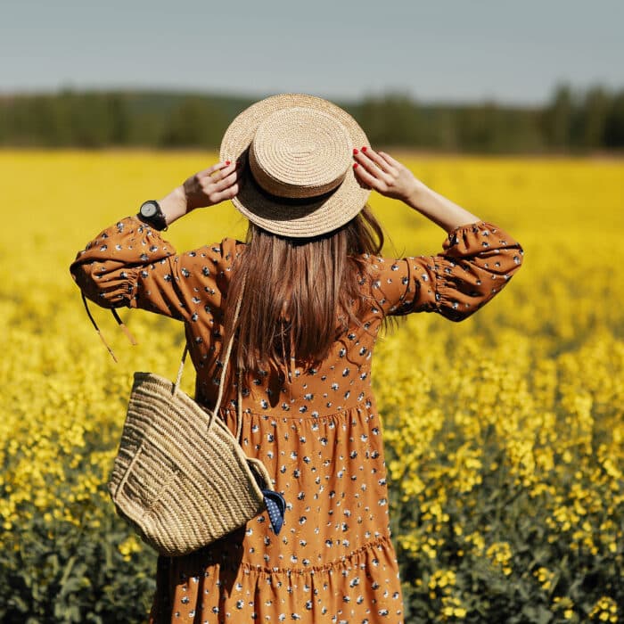 Stylish young woman in a field of yellow flowers. Girl in straw hat and in a floral dress and with a wicker bag. place for inscription. rear view.
