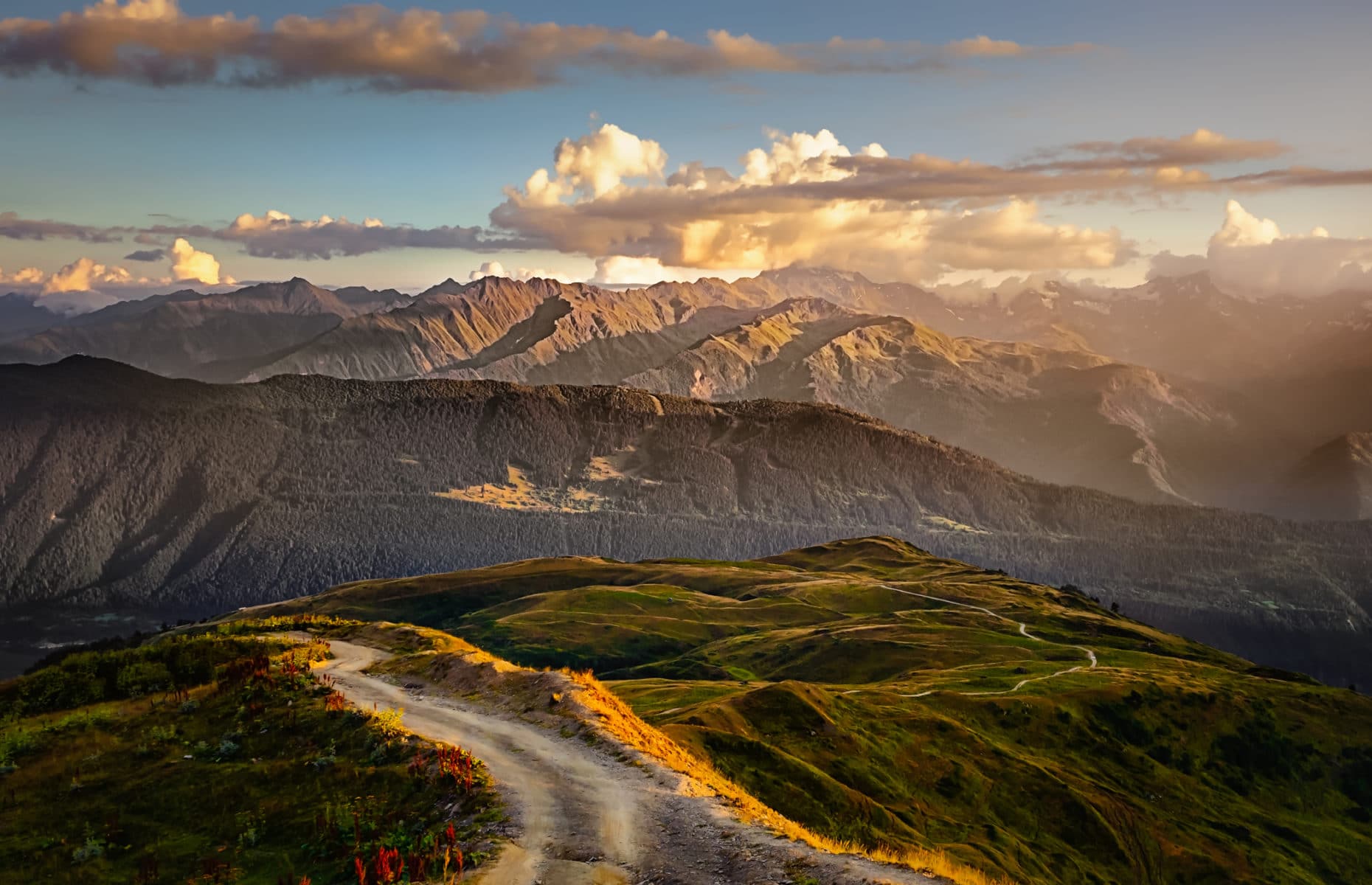 Beautiful mountain landscape view with road in foreground, Svane