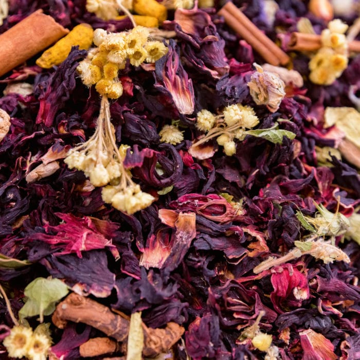 Close up dried colorful flower tea petals at turkish market
