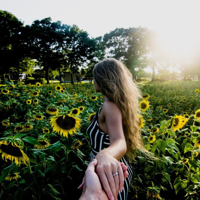 man holding hands with woman on sunflower field