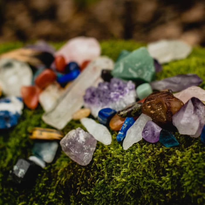 Gemstones and crystals on grass