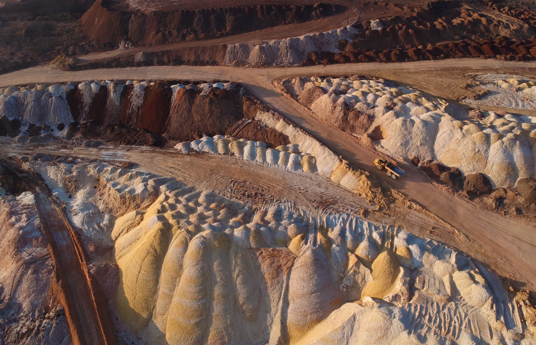 Aerial view over the quartz sand quarry. Industrial place in Ukraine.