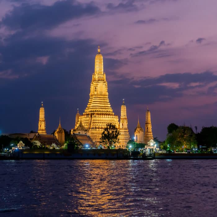 Beautiful night scape view of Wat Arun Ratchawararam temple in Bangkok, Thailand