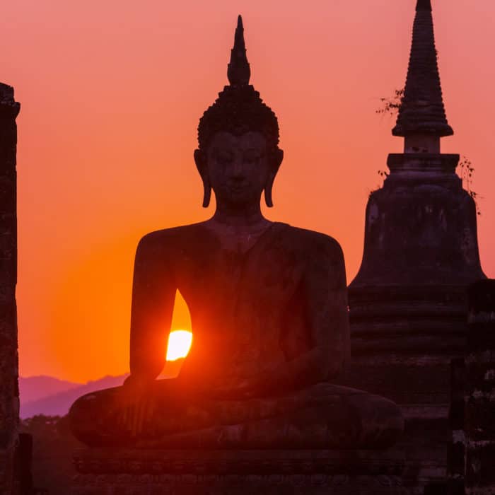 Meditation, Buddha statue, sunset