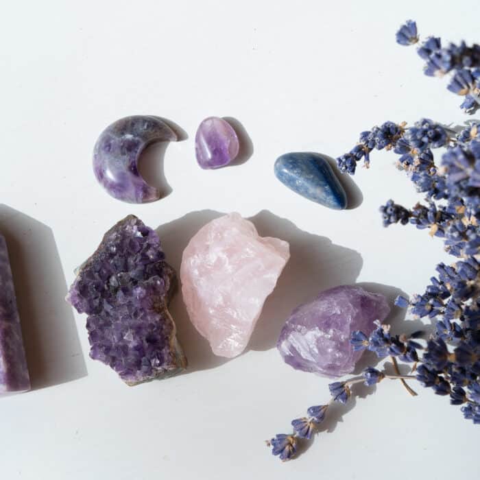Gemstones minerals stones and obelisks with lavender dry flowers.Witchcraft, herbal medicine and healing, Magic healing Rock for Reiki Crystal Ritual, Witchcraft, spiritual esoteric practice