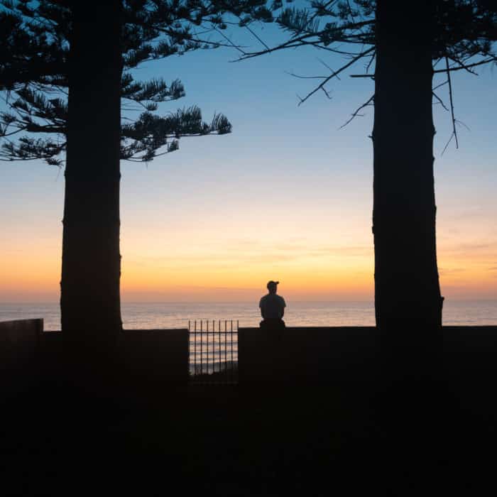 Silhouette of Man Sitting Under Trees Watching the Sunrise in a Sea Scape Background. Thinking Concept