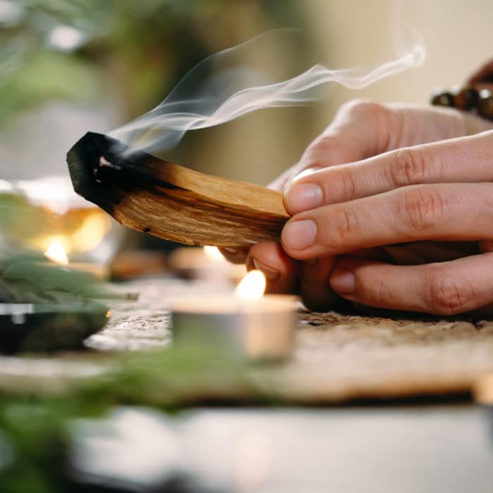 Woman hands burning Palo Santo wooden stick. Smoke for meditation and clearing