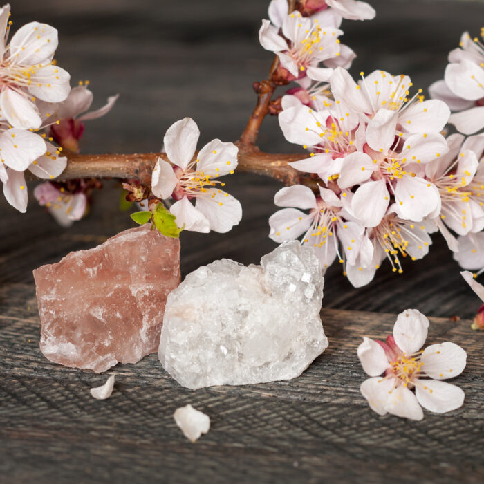 Flowers and minerals are white and pink quartz on wooden background. Spa arrangement