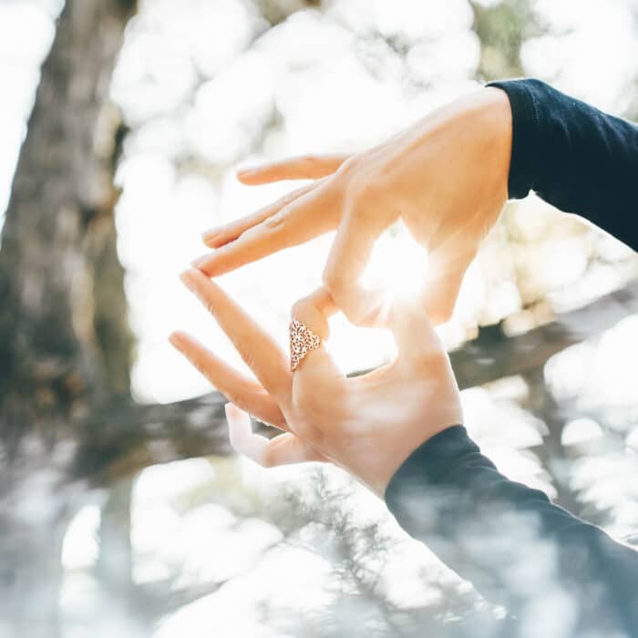Yoga Meditation Concept. Meditation in nature. Female hands in yoga mudra.