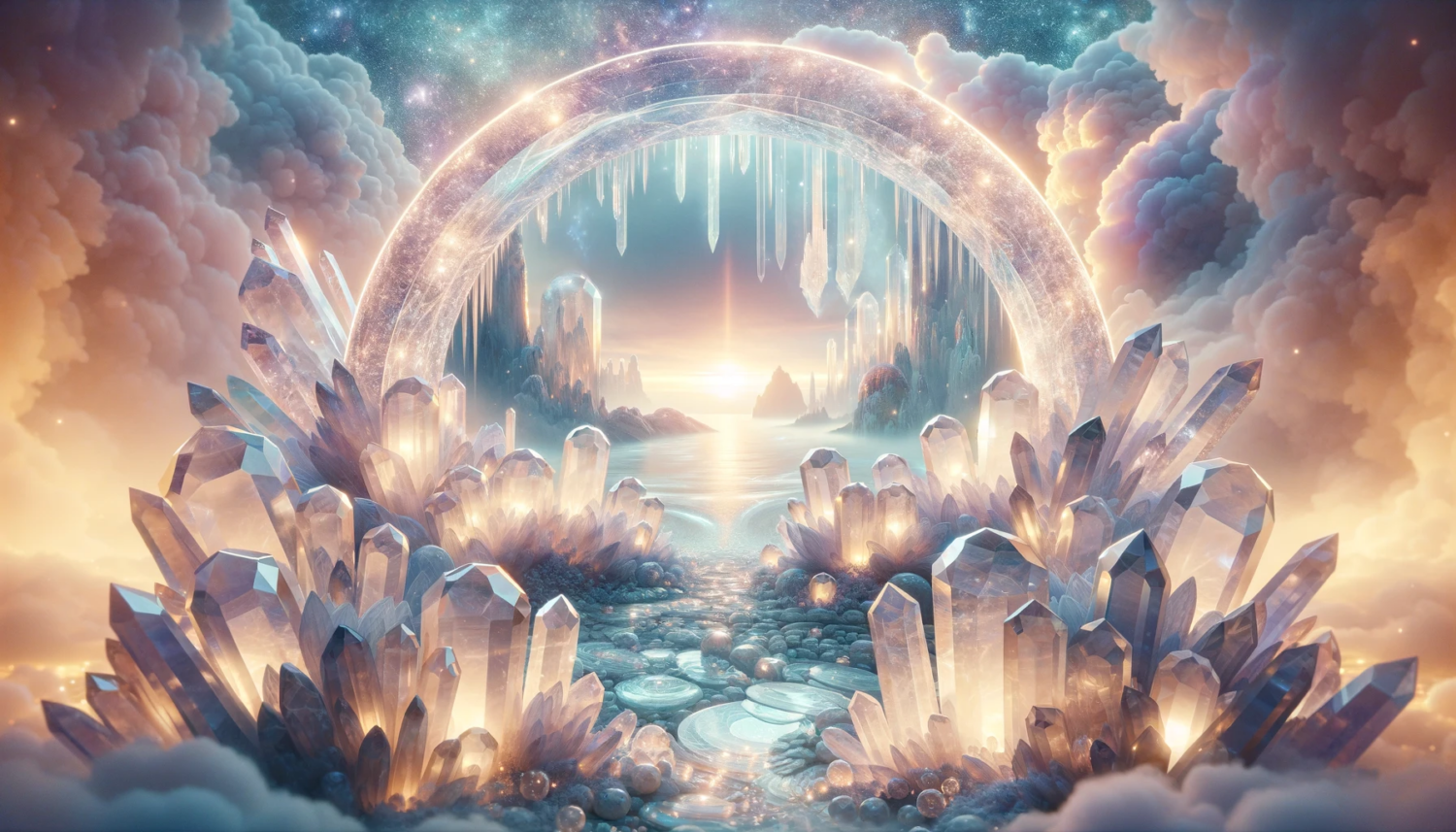 A metaphysical scene featuring petalite crystals as a bridge to another realm. The image should have an ethereal, otherworldly quality, with petalite crystals in the foreground, appearing translucent and shimmering. They should be forming an arch or pathway leading to a mystical realm in the background, which is visible through the crystal arch. The realm should be fantastical, filled with soft, glowing light, and ethereal landscapes. The color palette should be soft and light, with pastel tones dominating the scene. The overall atmosphere should be serene and magical, evoking a sense of wonder and tranquility.