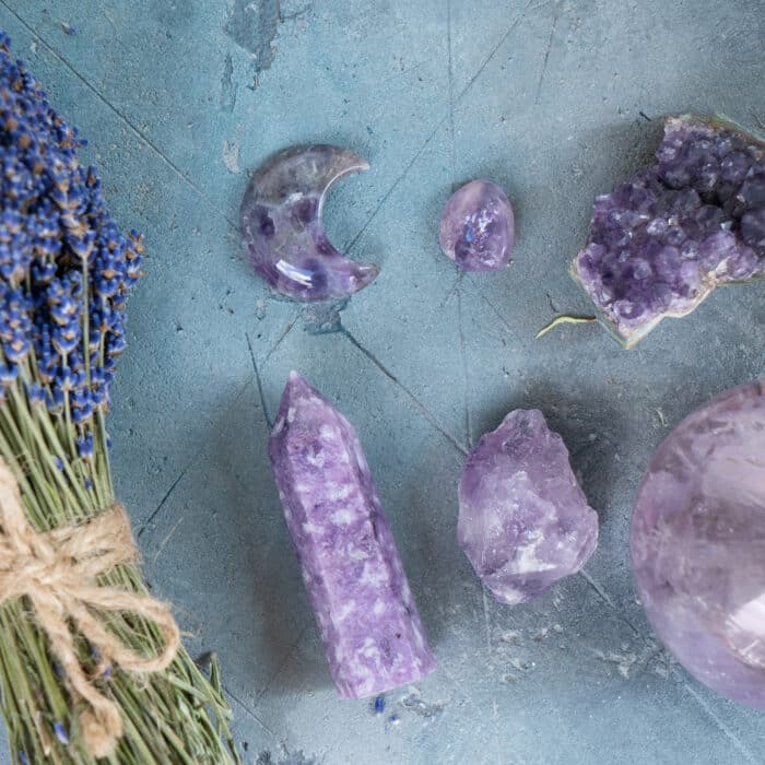 Gemstones minerals stones and obelisks with dry lavender flowers.Witchcraft, herbal medicine and healing, Magic healing Rock for Reiki Crystal Ritual, Witchcraft, spiritual esoteric practice
