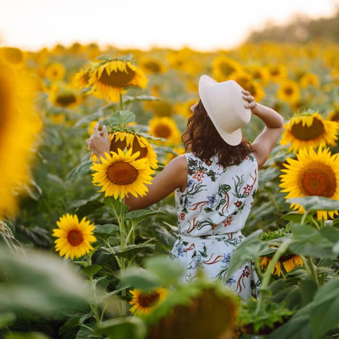 Beautiful woman posing in a field of sunflowers in a dress and hat. Fashion, lifestyle concept.