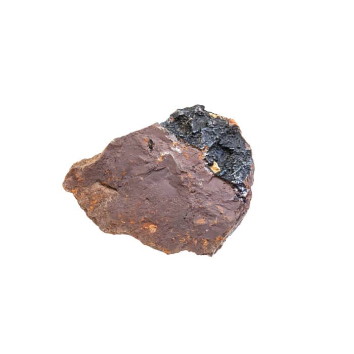 Closeup of sample of natural mineral from geological collection - Limonite ( brown iron ore) rock with Goethite isolated on white background