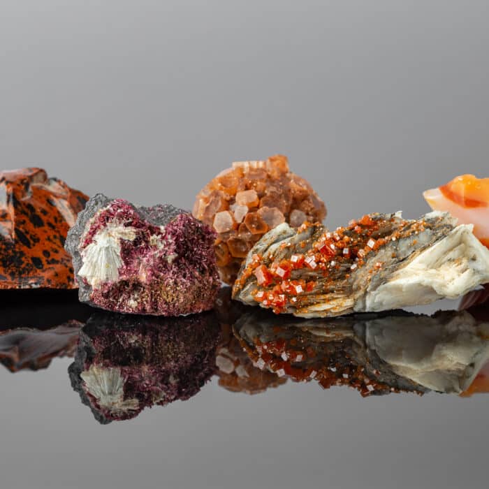 Group of Stones and Minerals Arranged in a Row Including Vanadinite on Barite, Aragonite Sputnik, Erythrite Crystals, Mahogany Obsidian and Carnelian on the Reflective Surface