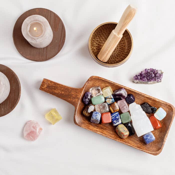 Healing reiki chakra crystals therapy. Alternative rituals with gemstones for wellbeing, meditation, destress, relaxation, mental health, spiritual practices. Energetical power concept