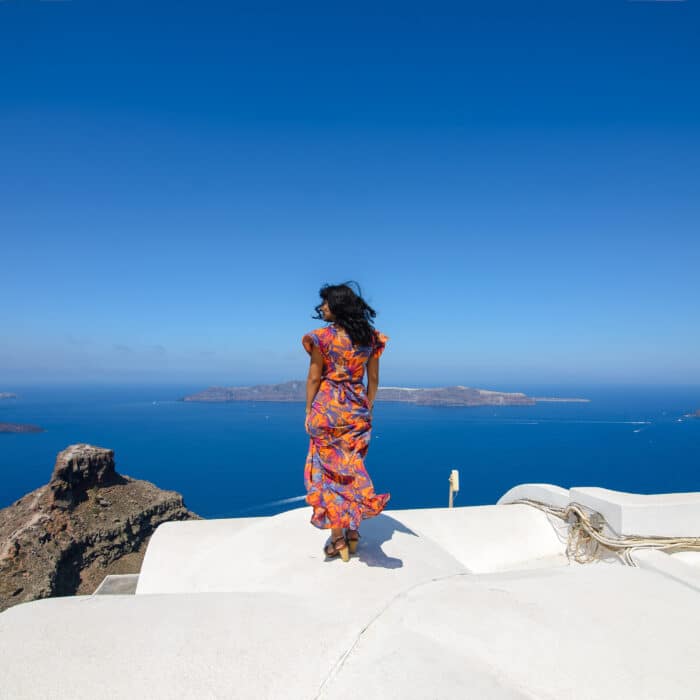 Portrait of an Israeli woman. Woman posing on the background of the Mediterranean Sea on the island of Santorini.