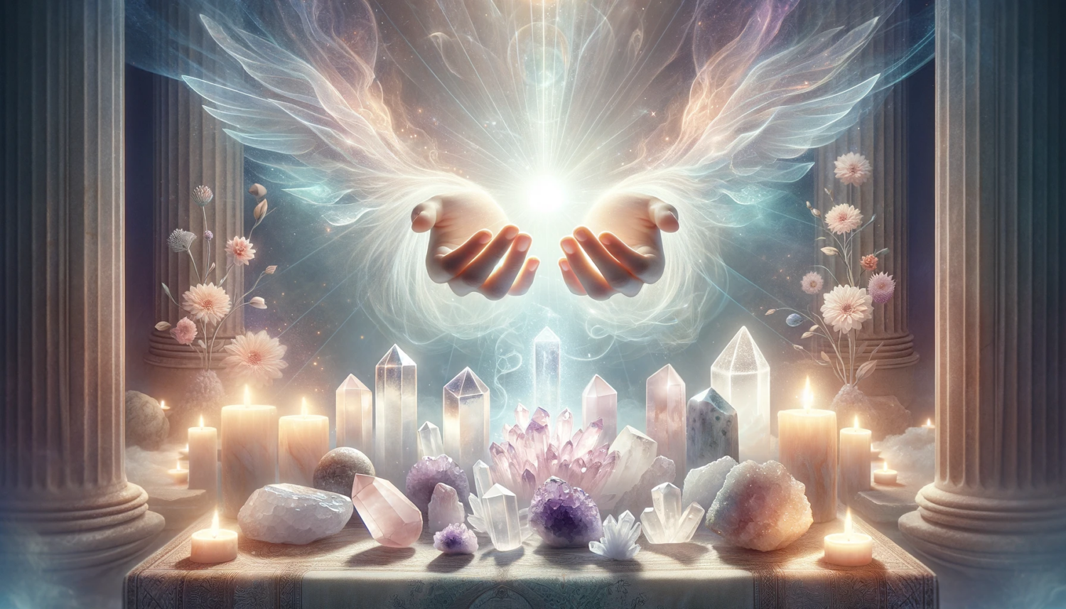A mystical and tranquil scene showing crystals being cleansed through visualization in a metaphysical setting. The scene showcases a variety of crystals, including clear quartz, amethyst, and rose quartz, arranged in a peaceful pattern. Above these crystals, a pair of hands hover, palms facing downwards, emanating a flow of soft, radiant energy. This energy is visualized as a gentle, glowing light that envelops the crystals in a purifying aura. The background is filled with a soft, ambient light, enhancing the serene and otherworldly atmosphere. The composition is crafted in soft pastels and light tones, perfectly capturing the spiritual and calming essence of the visualization ritual, suited for a 16:9 aspect ratio.