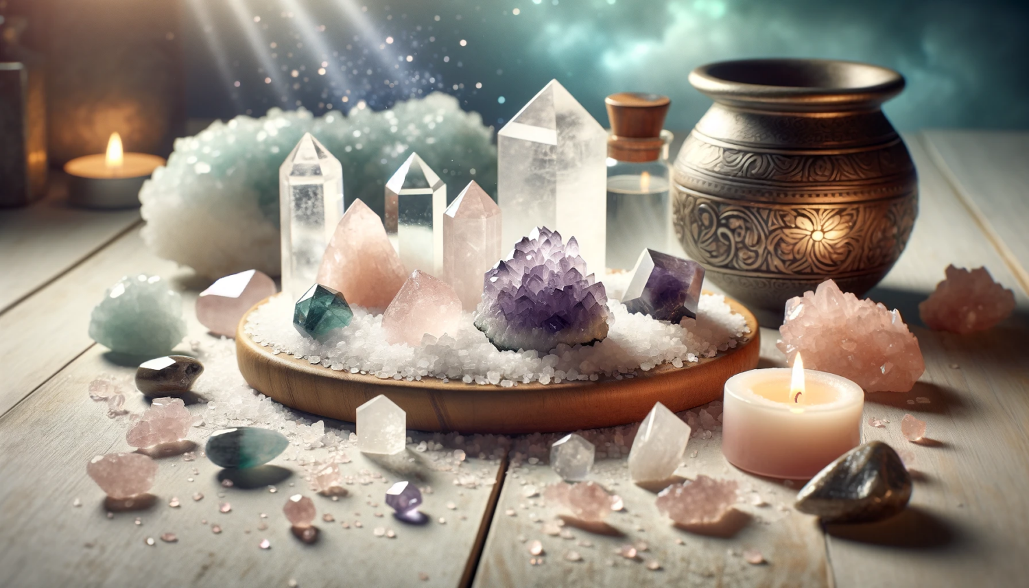 A mystical scene depicting various types of crystals undergoing a salt cleansing ritual, set in a metaphysical atmosphere. The scene includes crystals such as clear quartz, amethyst, and rose quartz, each radiating a soft, subtle glow. These crystals are carefully placed on a layer of glistening white salt, scattered across a smooth, pale wooden surface. The background is filled with a soft, diffused light, creating a serene and otherworldly ambiance. The composition uses a palette of soft pastels and light tones to evoke a sense of tranquility and mysticism, perfect for a 16:9 aspect ratio.