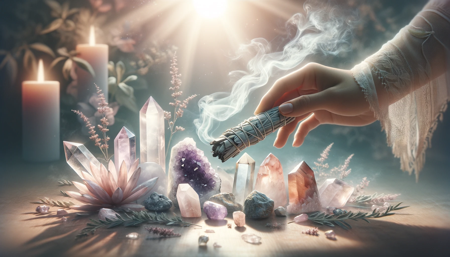 A serene and mystical scene showing a smudging ritual with various crystals in a metaphysical setting. The image features crystals such as clear quartz, amethyst, and rose quartz, arranged with elegance. A hand is visible, holding a smudge stick made of sage, with soft smoke gracefully encircling the crystals, creating a purifying aura. The background is filled with a soft, ambient light, contributing to the tranquil and otherworldly atmosphere. The composition is rendered in soft pastels and light tones, emphasizing the mystical and calming essence of the ritual, perfectly suited for a 16:9 aspect ratio.