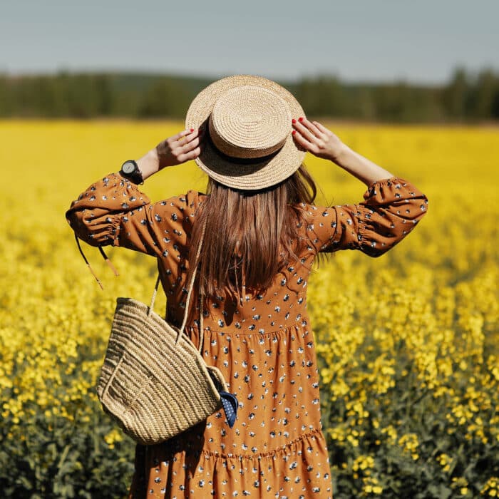 Stylish young woman in a field of yellow flowers. Girl in straw hat and in a floral dress and with a wicker bag. place for inscription. rear view.