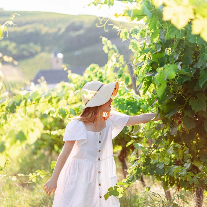 Girl in a white dress in a vineyard
