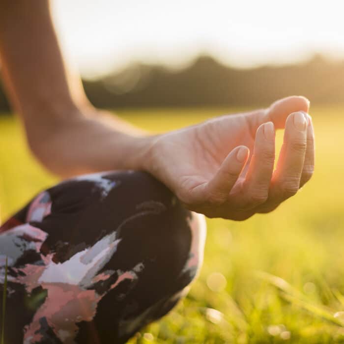 Detail of woman in lotus position on rural meadow at sunset