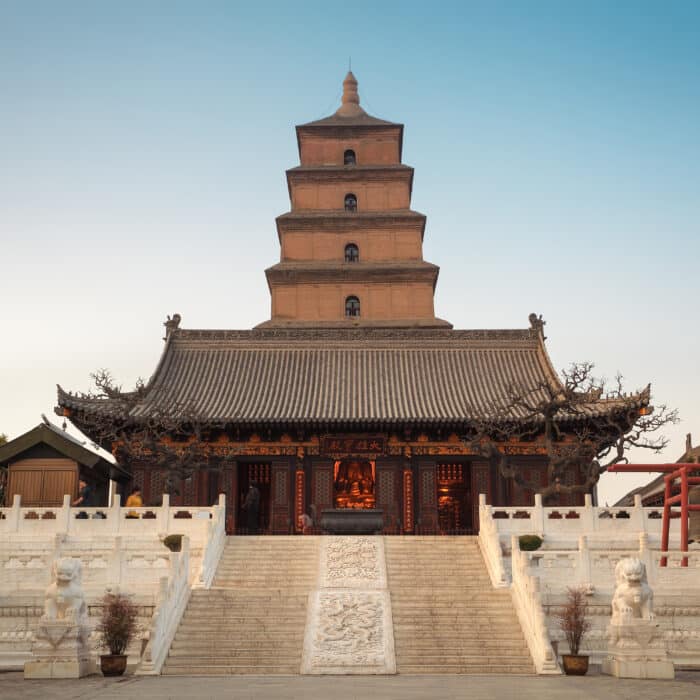 The great buddha’s hall with giant wild goose pagoda at dusk ,Xian, China.(AD 652)