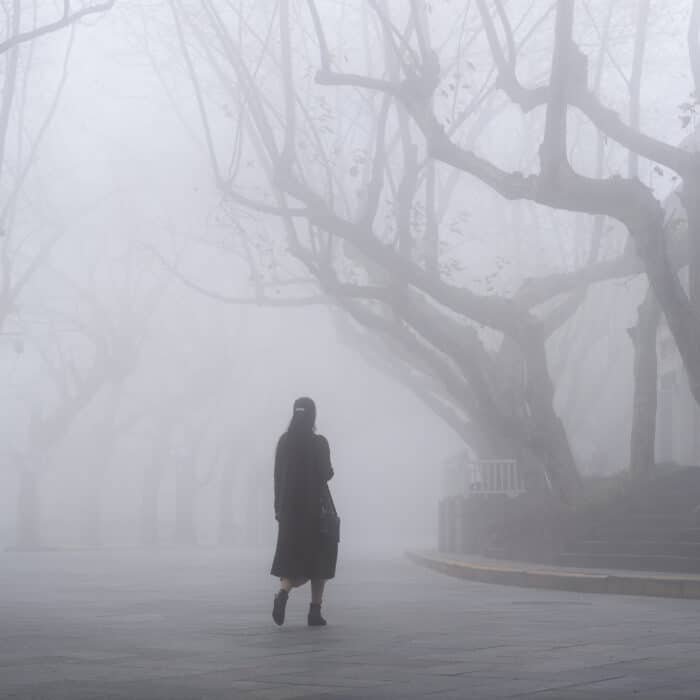 Cool street in fog, lushan mountain landscape, jiangxi province, China