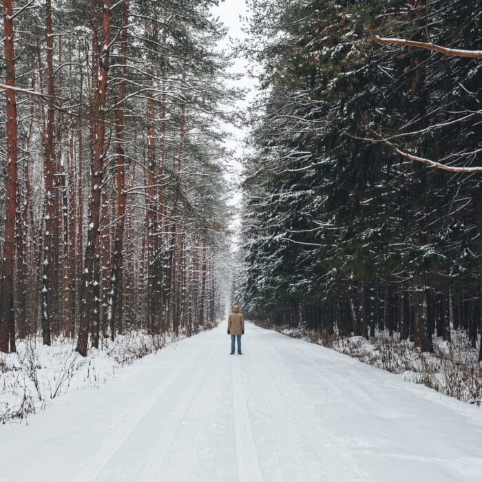 Young man stands on a winter forest road covered with snow