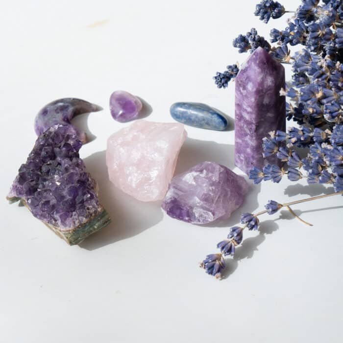 Gemstones minerals stones and obelisks with dry lavender flowers.Witchcraft, herbal medicine and healing, Magic healing Rock for Reiki Crystal Ritual, Witchcraft, spiritual esoteric practice