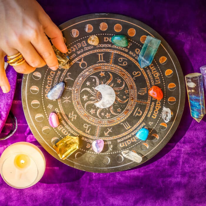 Top view of astrologer hands making forecast of fate. Astrological forecast, mysticismm and science concept. Astrological background.
