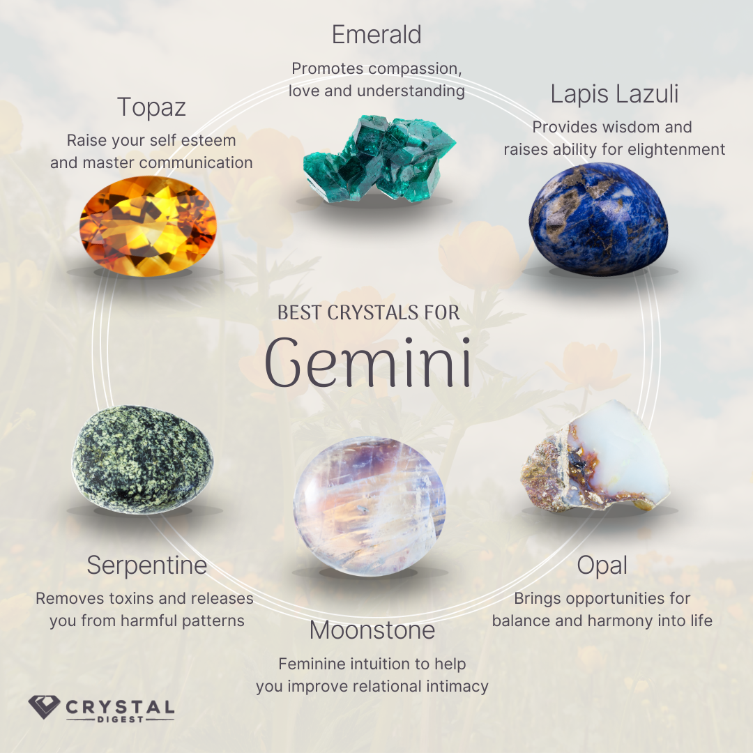 best crystals for gemini - topaz, emerald, lapis lazuli,l serpentine, moonstone, opal
