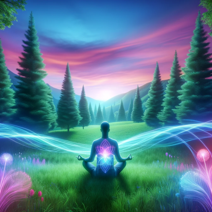 A tranquil landscape featuring an individual meditating in a serene environment. The person is seated in a classic meditation pose, on a lush green meadow surrounded by tall, majestic trees. The sky above is a soft pastel gradient of pink and blue, reflecting a peaceful dawn. Visible around the meditator are vibrant, glowing auras in a spectrum of colors, radiating in gentle waves to symbolize their inner peace and spiritual energy. The scene is ethereal and calming, evoking a sense of harmony and mindfulness.
