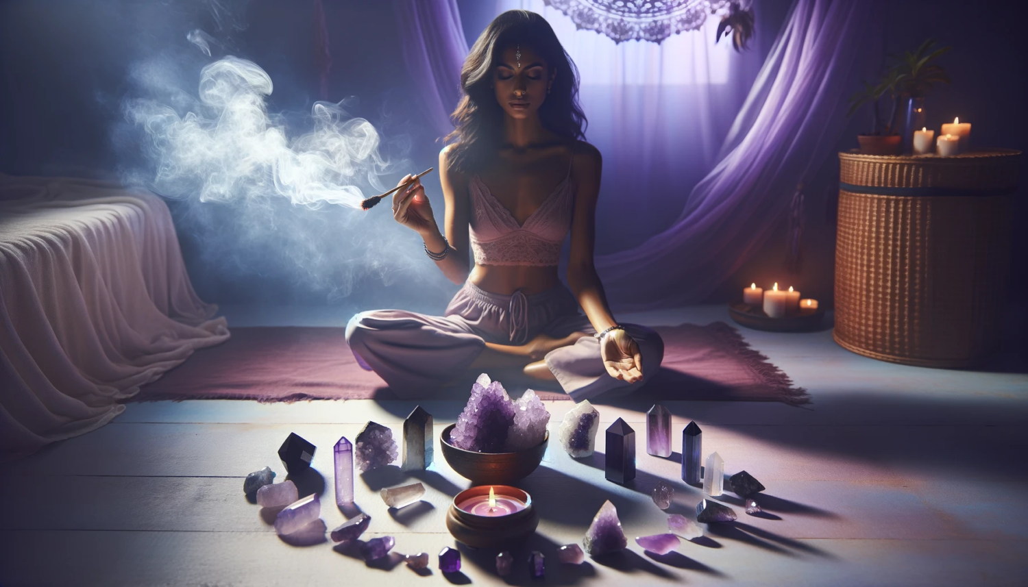 A banner-sized image of a woman of South Asian descent smudging crystals with a predominant purple theme. The woman is sitting cross-legged in a serene, softly lit room, surrounded by various crystals laid out in front of her. In her hands, she gently waves a smudging stick, releasing wisps of smoke that weave around the crystals, symbolizing cleansing and purification. The crystals themselves emit a subtle, mystical glow, with shades of amethyst and other purple stones prominent in the array. The overall ambiance of the scene is tranquil and meditative, with a backdrop of purple drapery and ambient lighting that casts a soothing, violet hue across the space. The image captures the essence of spiritual practice and the healing energy of crystals.