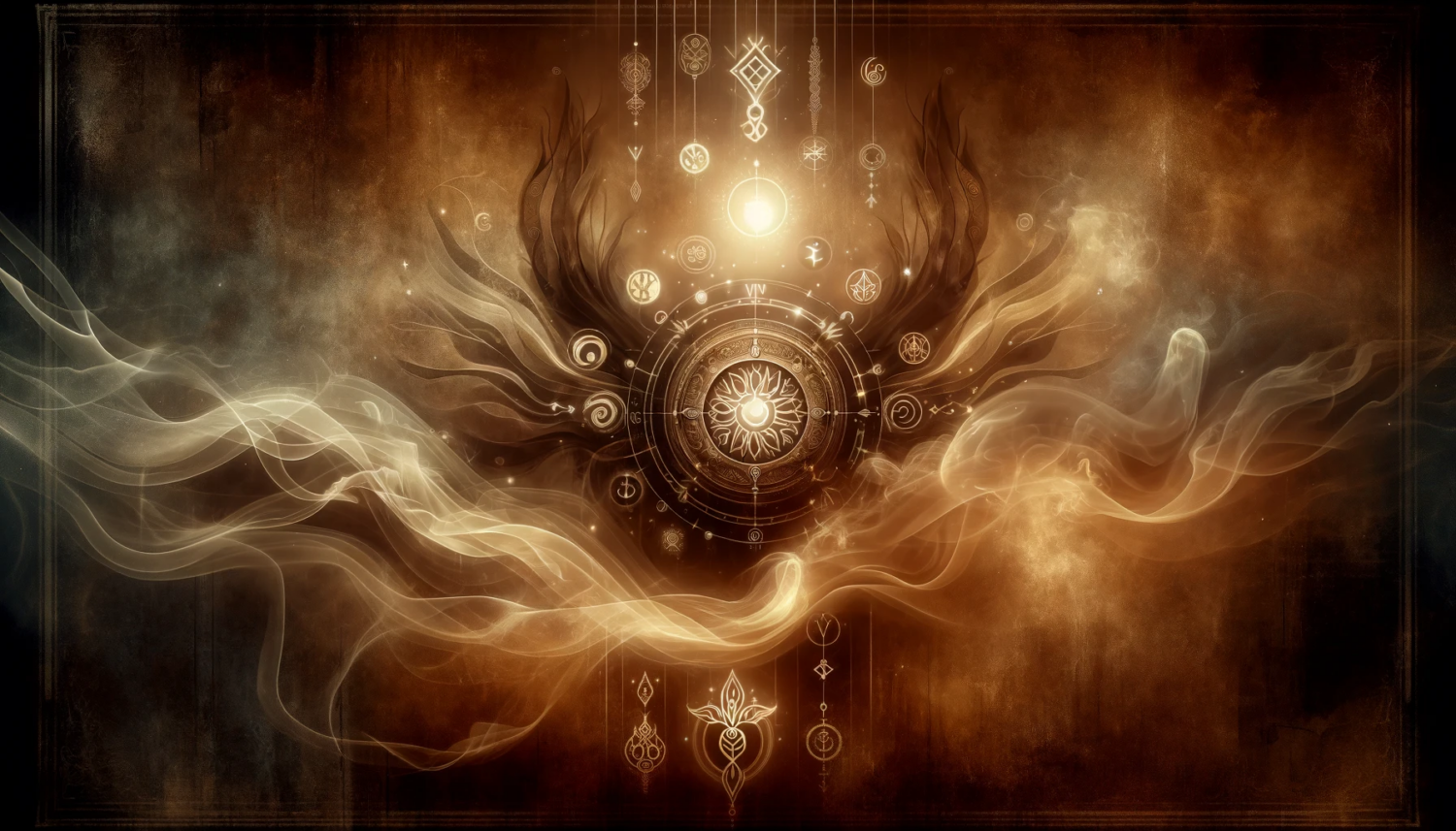 Visualize a metaphysical protection scene in a banner format with an overall brownish hue. The image should feature an ancient, mystical shield, glowing with ethereal light, at the center. Around the shield, there are swirling, misty forms of protective symbols and runes, emanating a sense of calm and strength. These symbols are drawn from various ancient cultures, blending together harmoniously. The background should be a deep, rich brown, with subtle hints of gold and amber, suggesting an aura of timeless protection. The atmosphere should be serene and powerful, conveying a sense of safety and mystical guardianship.
