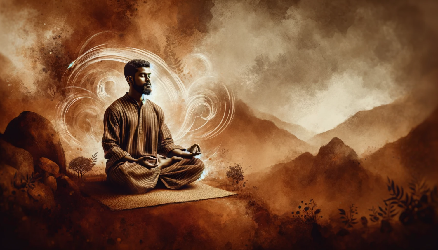 Create a banner-sized image featuring a man meditating in a scene with an overall brownish hue. The man, of South Asian descent, sits in a classic meditation pose on a rustic, earth-toned mat. His attire is simple and traditional, resonating with the theme of mindfulness and tranquility. The background should be a serene landscape, subtly blending shades of brown, beige, and soft amber, evoking a sense of peace and introspection. Surrounding the man are gentle swirls of mist, symbolizing the release of stress and the attainment of inner harmony. The image should convey a deep sense of calm and connection with the inner self.