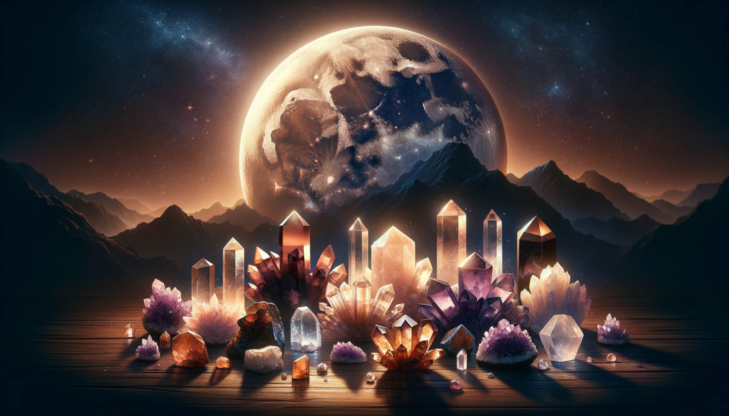 Craft a banner-sized image featuring various crystals charging in the moonlight, with an overall brownish hue. The scene should depict a serene night, with a large, luminous full moon casting a gentle glow over an array of crystals. These crystals, in shades of amethyst, quartz, and citrine, are carefully arranged on a natural surface, like a wooden table or a rock, under the moonlight. The moon's light highlights the unique facets and colors of each crystal, creating a magical and mystical atmosphere. The background should incorporate shades of deep brown, merging with the dark blue of the night sky, to give a sense of tranquility and connection with nature. This image should convey the feeling of a peaceful night where the energy of the moon is enhancing the natural power of the crystals.