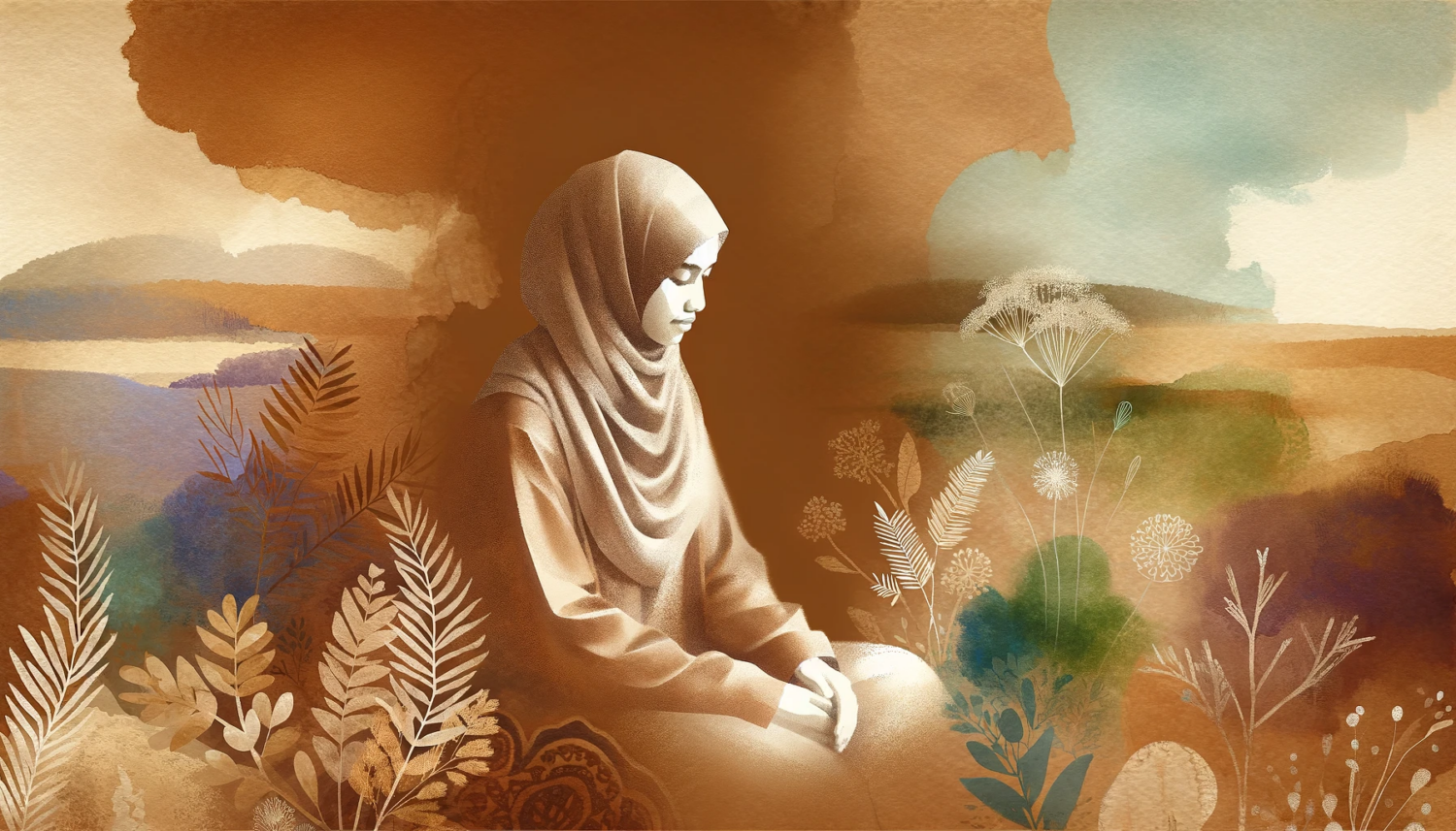 Design a banner-sized image of a woman experiencing emotional healing, imbued with an overall brownish hue. The woman, of Middle-Eastern descent, is depicted in a tranquil setting, symbolizing a journey of inner healing and growth. She is seated in a natural, serene environment, with soft, earthy tones of brown, tan, and hints of soft green around her. Her expression is one of peace and newfound strength, reflecting a sense of emotional liberation and balance. The background should be a blend of gentle natural elements, like trees and a calm sky, subtly colored in shades of brown and amber, enhancing the theme of healing and tranquility. The overall atmosphere should convey a feeling of comfort, safety, and emotional rejuvenation.
