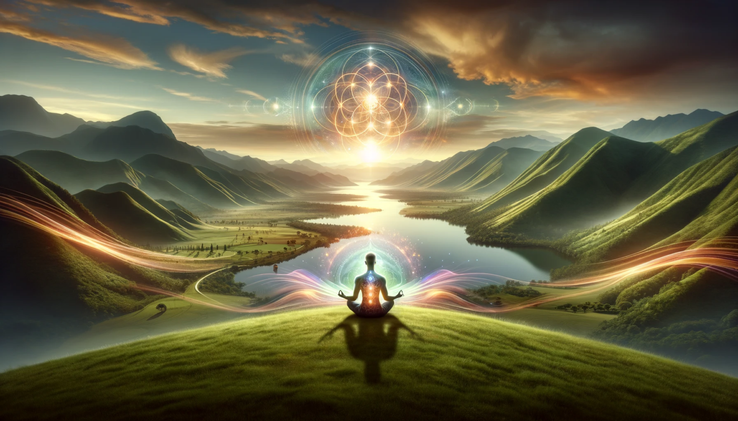 A tranquil landscape featuring an individual meditating in a serene environment, designed in a wide, landscape orientation. The meditator is seated in the classic lotus pose on a verdant hill, with a panoramic view of a vast, tranquil lake in the background. Majestic mountains rise in the distance, and the sky is painted with the soft, warm hues of sunset. Surrounding the meditator are ethereal, glowing auras in a spectrum of radiant colors, symbolizing their deep inner peace and spiritual energy. The scene is peaceful, with the wide landscape emphasizing the vastness and beauty of nature.